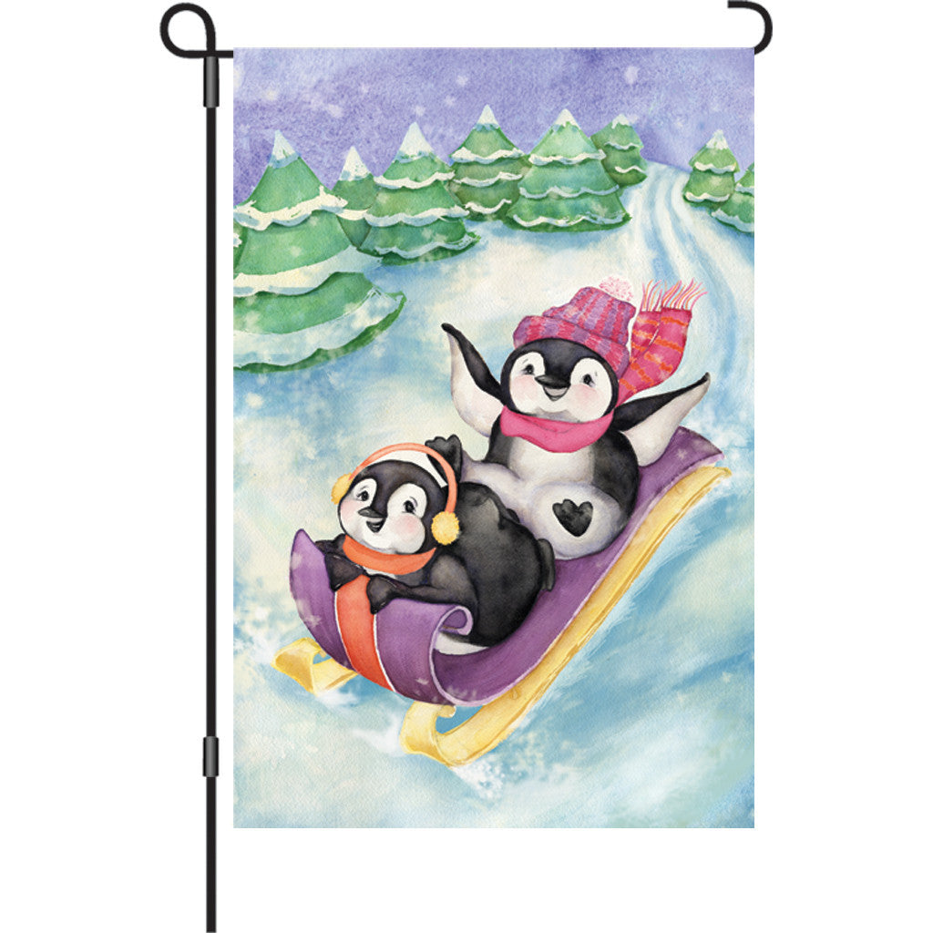 12 in. Holiday Penguin Garden Flag - Sledding Fun