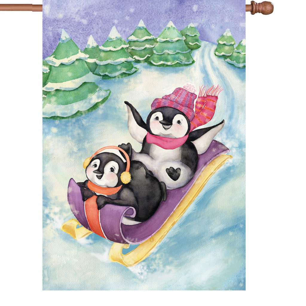 28 in. Holiday Penguin House Flag - Sledding Fun