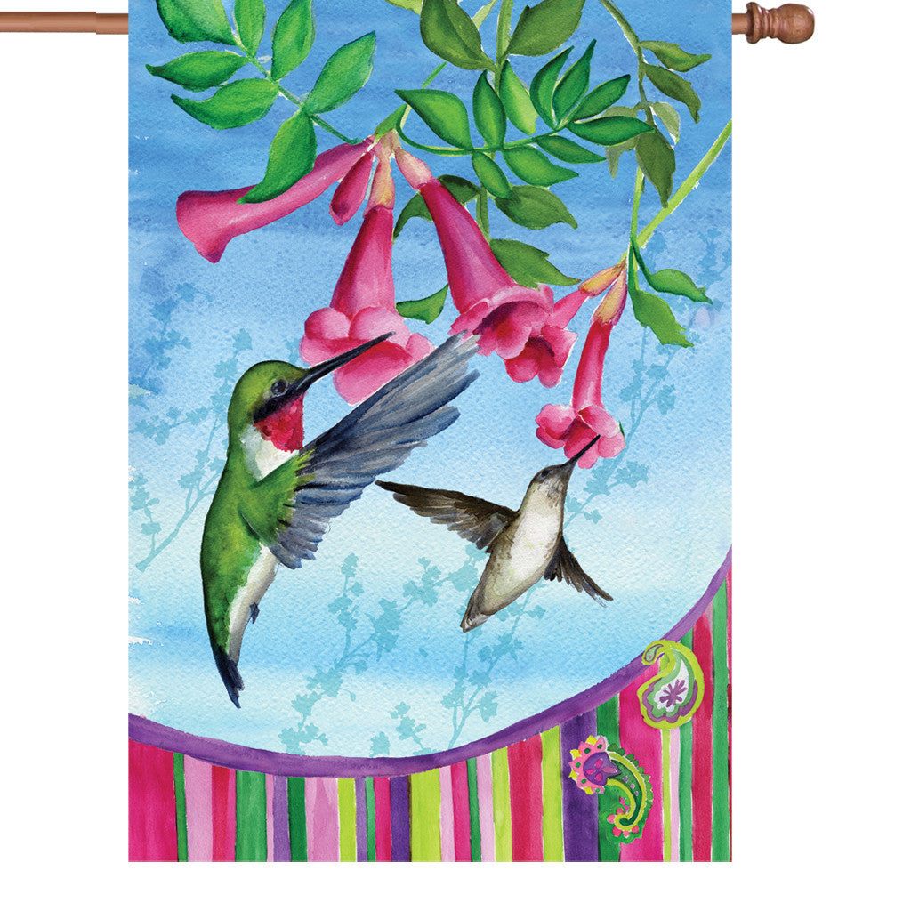 28 in. Springtime Bird House Flag - Hummingbirds Paisley