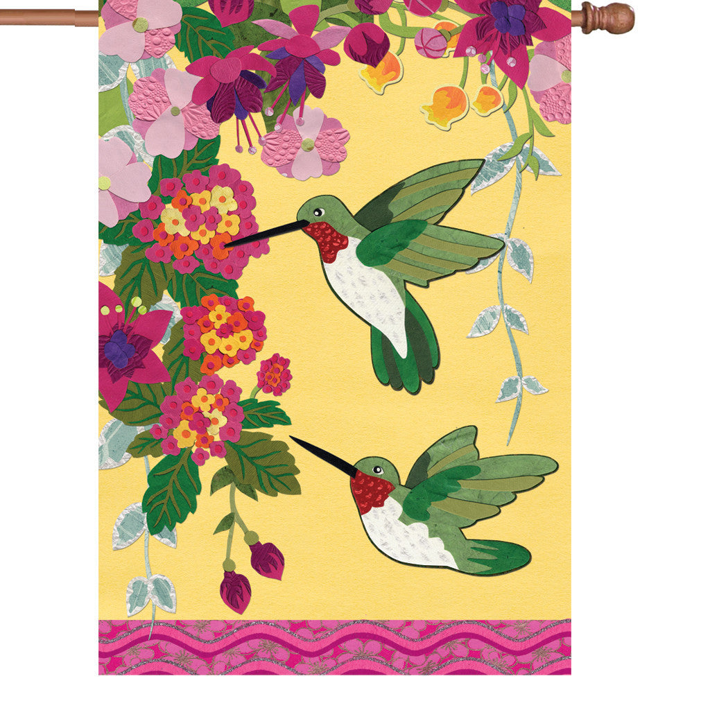 28 in. Bird & Flowers House Flag - Hummingbirds with Fuchsia
