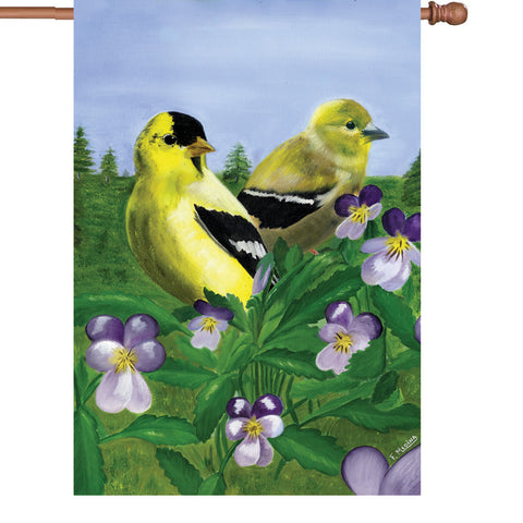 28 in. Summertime Bird House Flag - Goldfinches & Violets