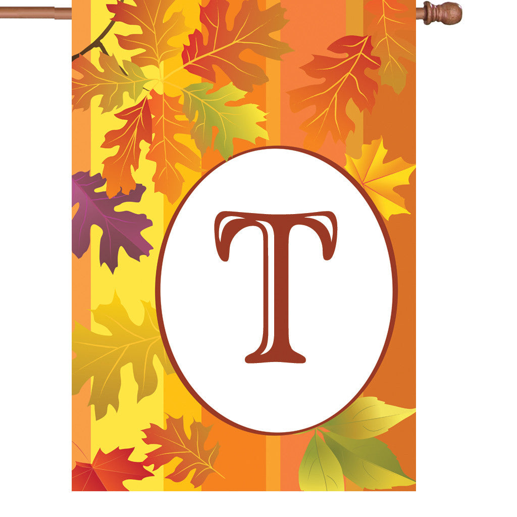 28 in. Monogrammed House Flag - Fall Monogram - Letter T