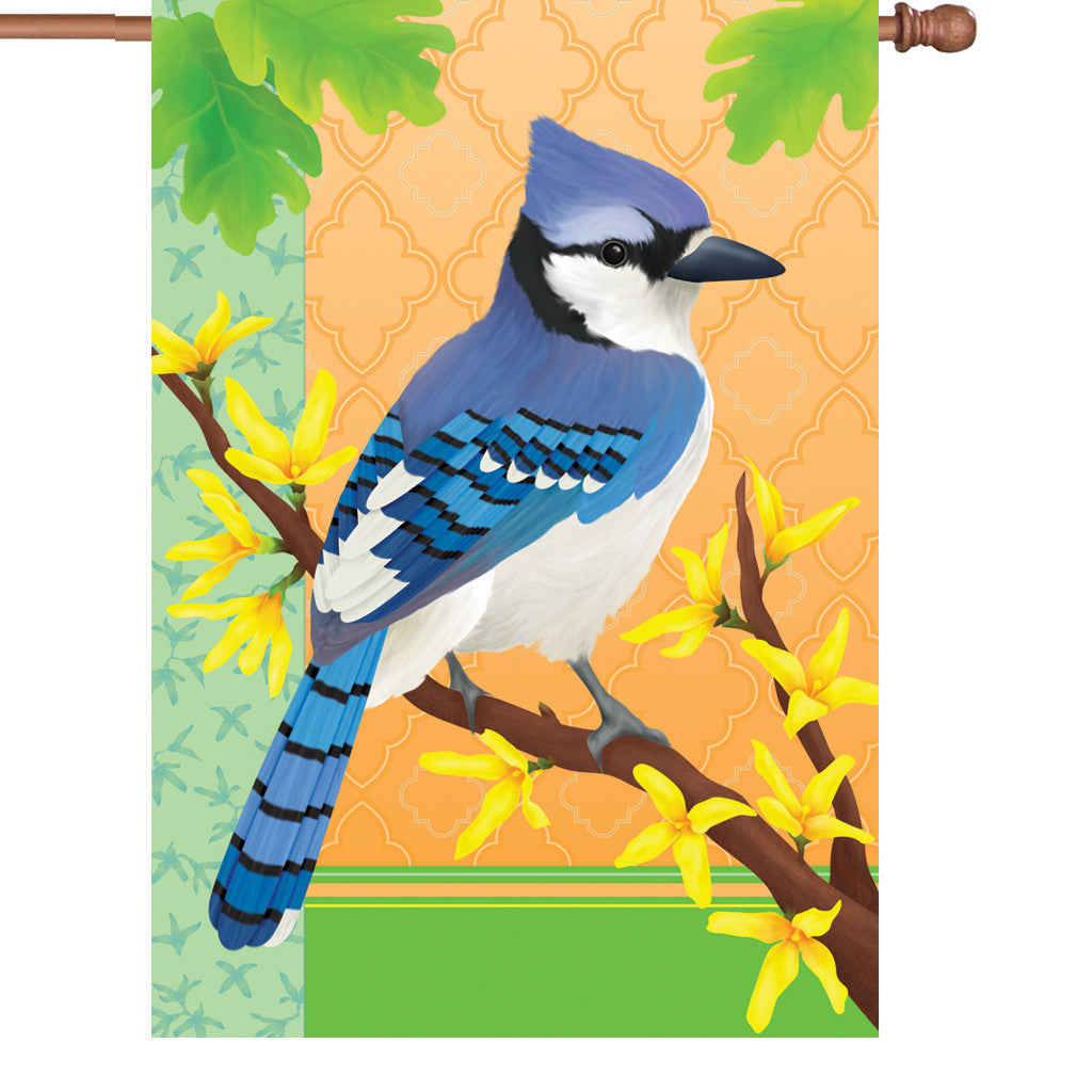 28 in. Bird House Flag - Bluejay in the Spring