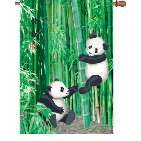28 in. Pandas in Bamboo House Flag - Playful Pandas