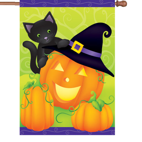 28 in. Halloween House Flag - Hello Halloween Cat and Pumpkin