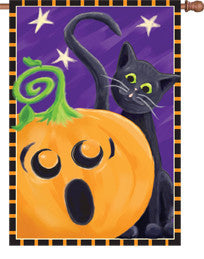28 in. Halloween House Flag - Halloween Surprise Cat and Pumpkin