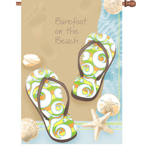 28 in. Flip Flops Beach House Flag - Barefoot on the Beach