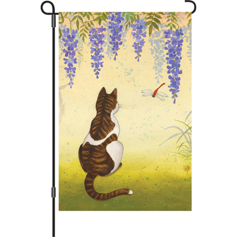 12 in. Cat & Dragonfly Garden Flag - Wisteria Cat