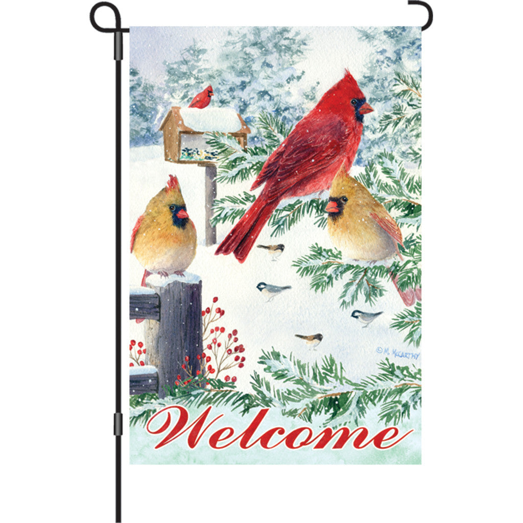 12 in. Winter Snow Bird Garden Flag - Snow Flurry Cardinals