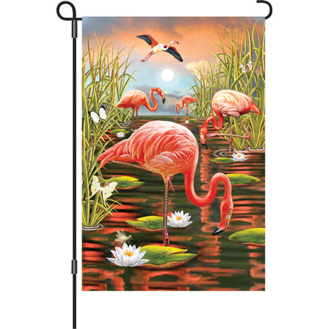 12 in. Tropical Beach Garden Flag - Flamingo Sunset