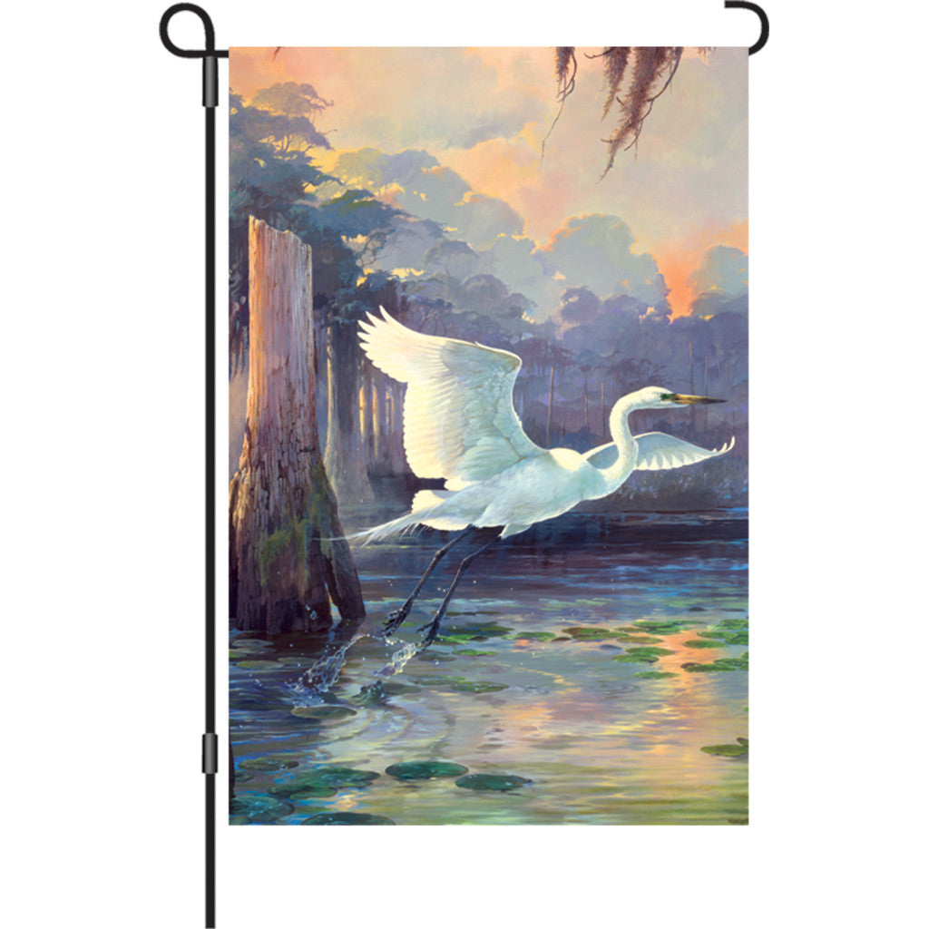 12 in. Marsh Bird Garden Flag - Heron Sunrise