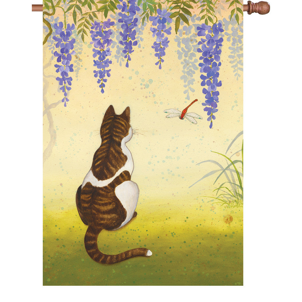 28 in. Cat & Dragonfly House Flag - Wisteria Cat