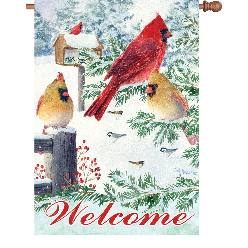 28 in. Winter Snow Bird House Flag - Snow Flurry Cardinals
