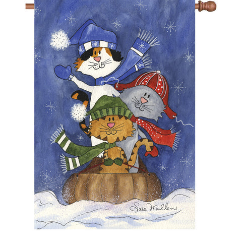 28 in. Christmas Cats House Flag - Sledding Friends