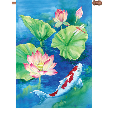 28 in. Lilly Pad Pond House Flag - Lotus Koi