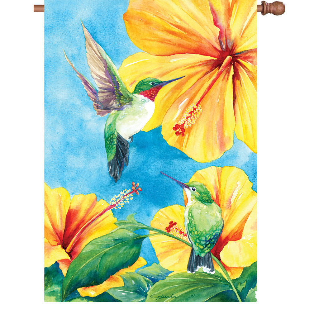 28 in. Bird House Flag - Hummingbird and Hibiscus