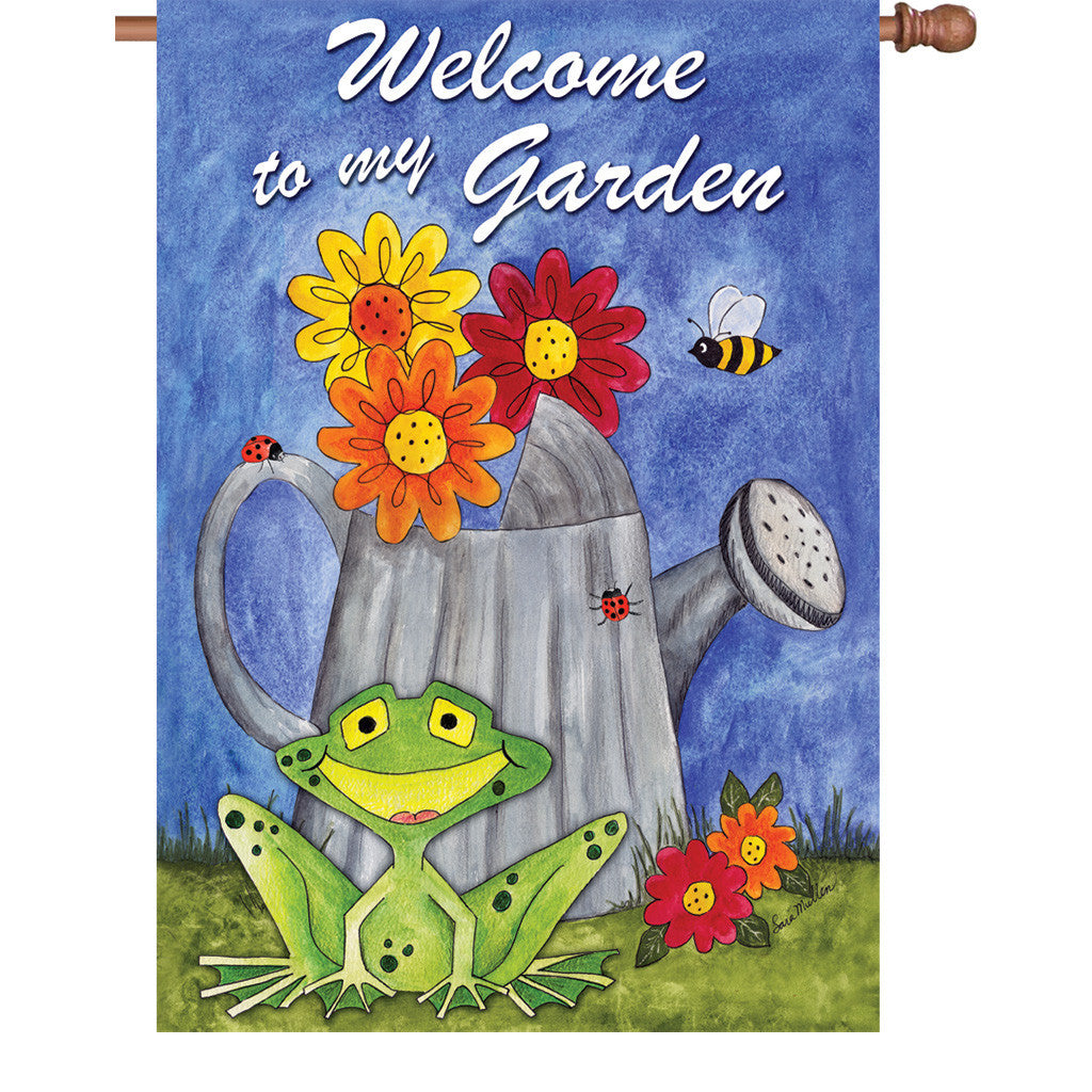 28 in. Green Frog House Flag - Welcome to My Garden