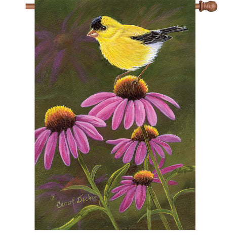 28 in. Summertime Bird House Flag - Goldfinch on Cone Flowers