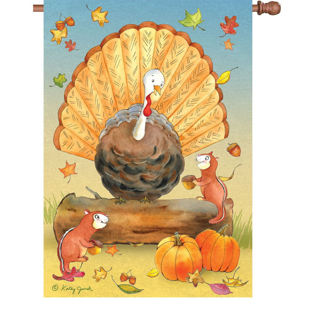 28 in. Thanksgiving House Flag - Turkey and Friends