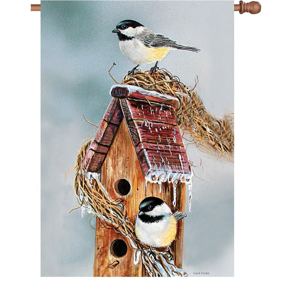 28 in. Christmas Snow Bird House Flag - Early Bird Chickadees