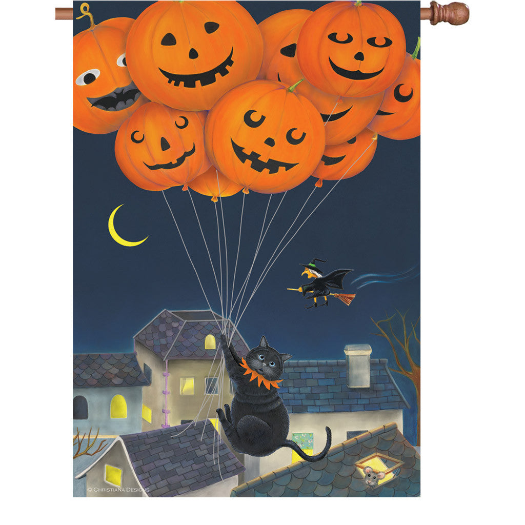 28 in. Halloween House Flag - Black Cat with Balloons