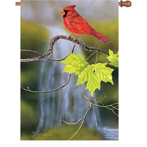28 in. Springtime Bird House Flag - Cardinal & Waterfall