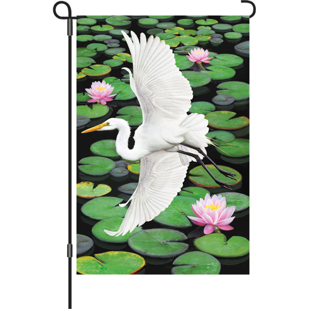 12 in. Lotus Pond Garden Flag - Egret Elegance