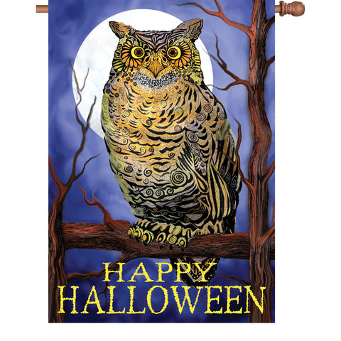 28 in. Halloween House Flag - Owl and Moon Happy Halloween