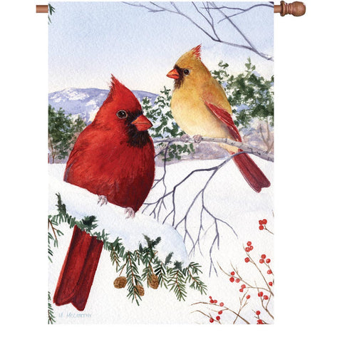 28 in. Winter Snow Bird House Flag - Cardinals and Hemlock