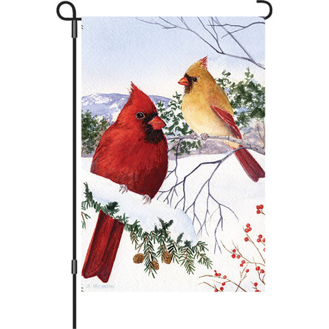 12 in. Winter Snow Bird Garden Flag - Cardinals & Hemlock