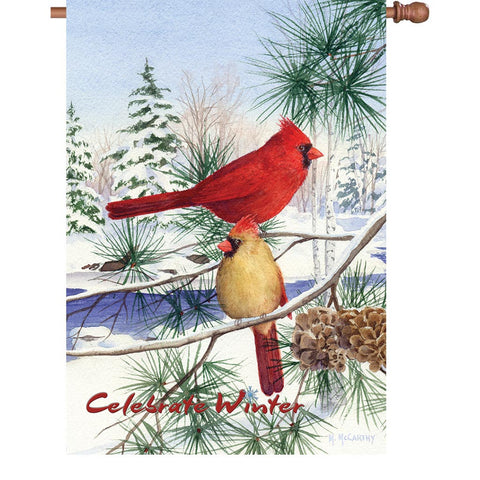 28 in. Winter Snow Bird House Flag - Cedar Farm Cardinals