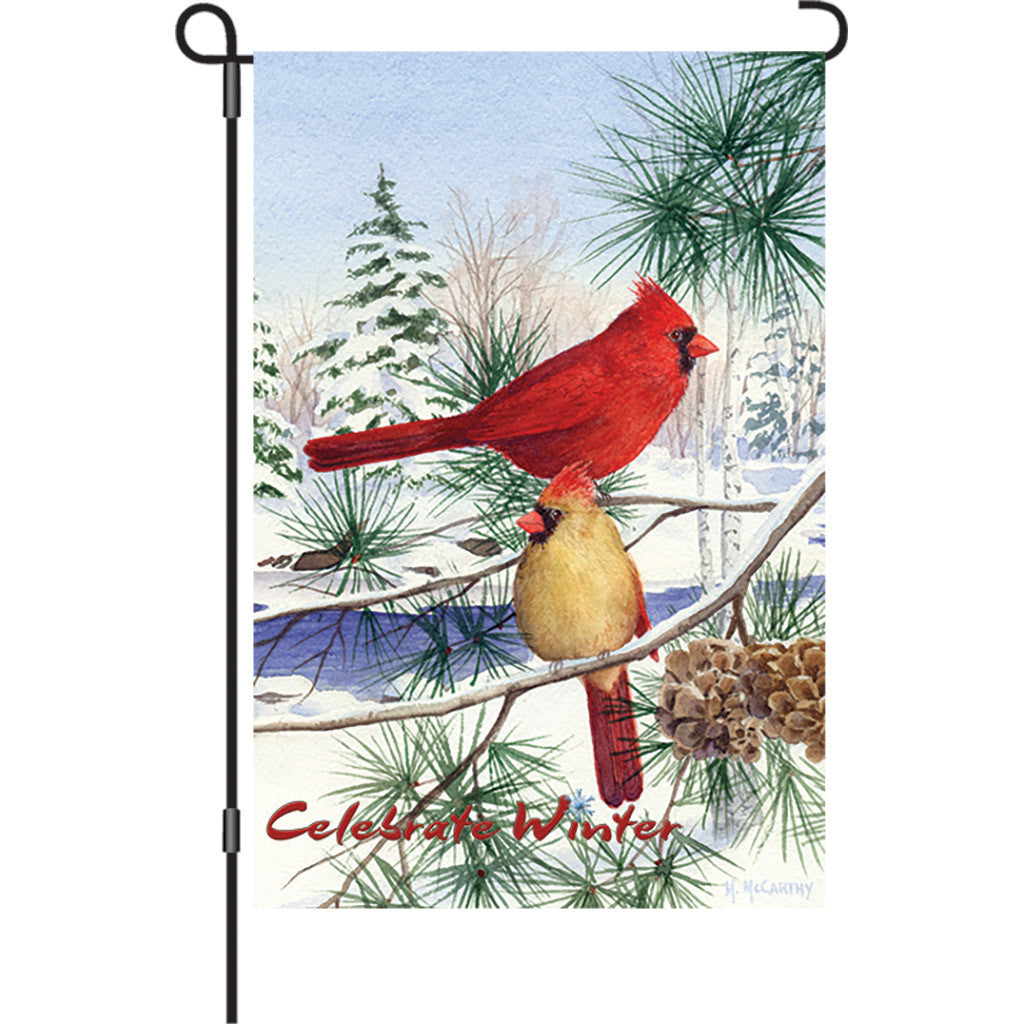 12 in. Winter Snow Bird Garden Flag - Cedar Farm Cardinals
