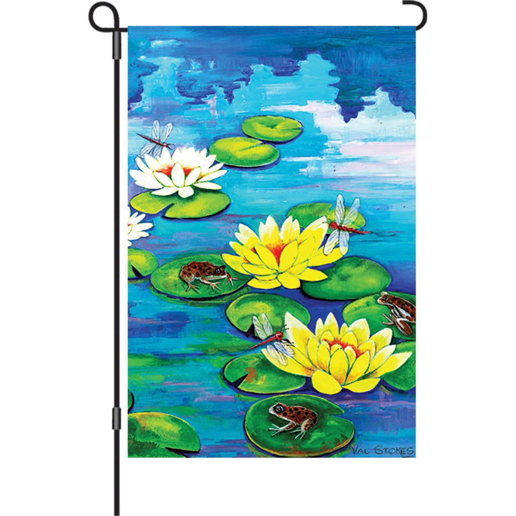12 in. Lilly Pad Pond Garden Flag - Frisky Frogs