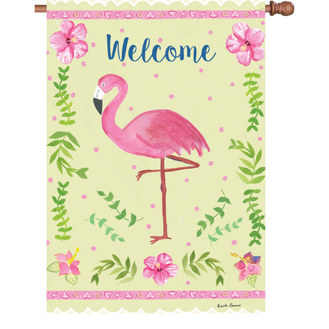 28 in. Welcome House Flag - Coastal Flamingo