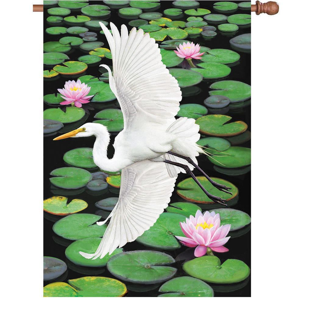 28 in. Lotus Pond House Flag - Egret Elegance